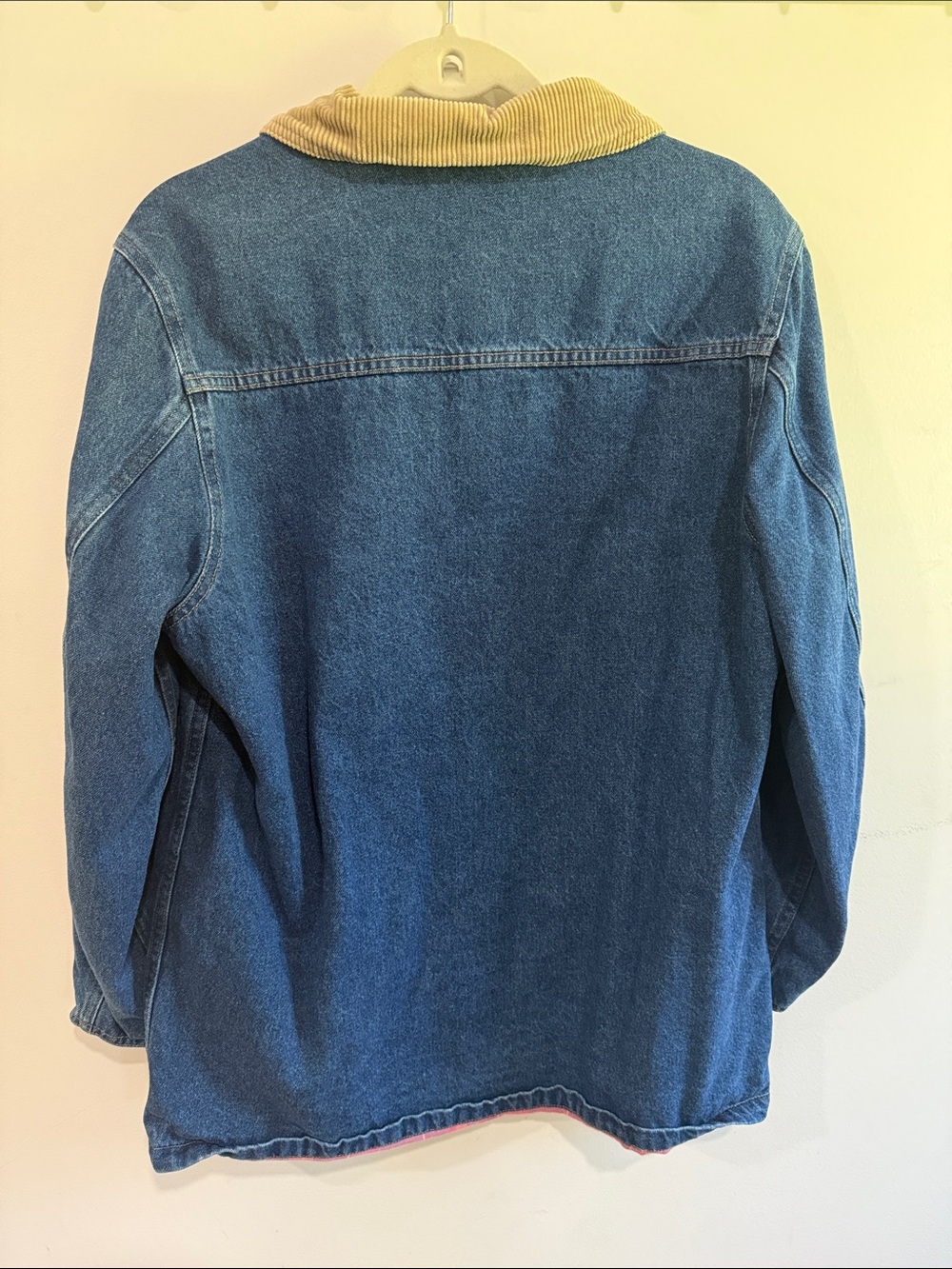 L.L. Bean Blue Denim Jacket with Tan Corduroy Collar and Pink Plaid Lining - Picture 10 of 10